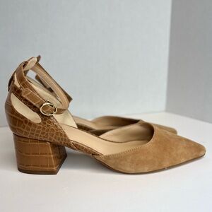 Franco Sarto Womens Caleigh Ankle Strap Pointed Toe Pumps 2" Heel Camel NWOB 10